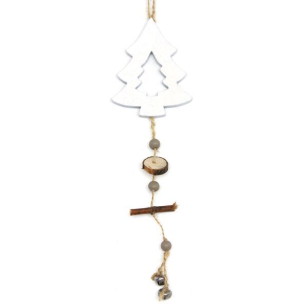 Χριστουγεννιάτικο Ξύλινο Δεντράκι, Λευκό με Κορμό Δέντρου και Κουδουνάκια (35cm)